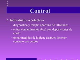 Control
• Individual y o colectivo
– diagnóstico y terapia oportuna de infectados
– evitar contaminación fecal con deposiciones de
cerdo
– tomar medidas de higiene después de tener
contacto con cerdos
 