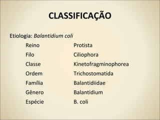 CLASSIFICAÇÃO
Etiologia:Etiologia: Balantidium coli
Reino Protista
Filo Ciliophora
Classe Kinetofragminophorea
Ordem Trichostomatida
Família Balantidiidae
Gênero Balantidium
Espécie B. coli
 