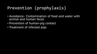 Prevention (prophylaxis)
• Avoidance- Contamination of food and water with
animal and human feces
• Prevention of human-pig contact
• Treatment of infected pigs
 