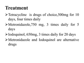Treatment
Tetracycline is drugs of choice,500mg for 10
days, four times daily
Metronidazole,750 mg, 3 times daily for 5
days
Iodoquinol, 650mg, 3 times daily for 20 days
Metronidazole and Iodoquinol are alternative
drugs
 