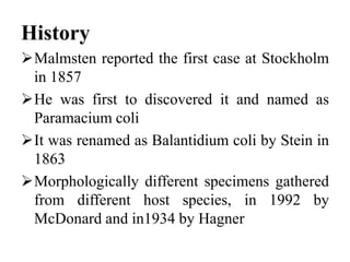 History
Malmsten reported the first case at Stockholm
in 1857
He was first to discovered it and named as
Paramacium coli
It was renamed as Balantidium coli by Stein in
1863
Morphologically different specimens gathered
from different host species, in 1992 by
McDonard and in1934 by Hagner
 