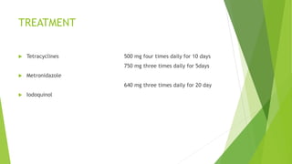 TREATMENT
 Tetracyclines
 Metronidazole
 Iodoquinol
500 mg four times daily for 10 days
750 mg three times daily for 5days
640 mg three times daily for 20 day
 