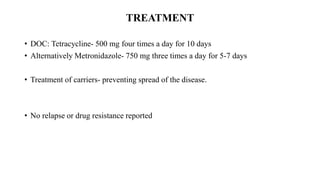 TREATMENT
• DOC: Tetracycline- 500 mg four times a day for 10 days
• Alternatively Metronidazole- 750 mg three times a day for 5-7 days
• Treatment of carriers- preventing spread of the disease.
• No relapse or drug resistance reported
 