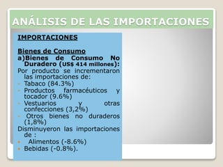 IMPORTACIONES
Bienes de Consumo
a)Bienes de Consumo No
Duradero (US$ 414 millones):
Por producto se incrementaron
las importaciones de:
- Tabaco (84.3%)
- Productos farmacéuticos y
tocador (9.6%)
- Vestuarios y otras
confecciones (3,2%)
- Otros bienes no duraderos
(1,8%)
Disminuyeron las importaciones
de :
 Alimentos (-8.6%)
 Bebidas (-0.8%).
ANÁLISIS DE LAS IMPORTACIONES
 
