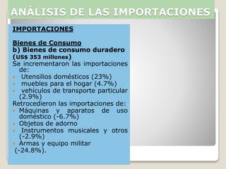 IMPORTACIONES
Bienes de Consumo
b) Bienes de consumo duradero
(US$ 353 millones)
Se incrementaron las importaciones
de:
 Utensilios domésticos (23%)
 muebles para el hogar (4.7%)
 vehículos de transporte particular
(2.9%)
Retrocedieron las importaciones de:
 Máquinas y aparatos de uso
doméstico (-6.7%)
 Objetos de adorno
 Instrumentos musicales y otros
(-2.9%)
 Armas y equipo militar
(-24.8%).
ANÁLISIS DE LAS IMPORTACIONES
 