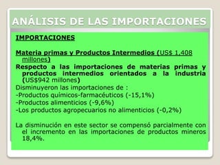 IMPORTACIONES
Materia primas y Productos Intermedios (US$ 1,408
millones)
Respecto a las importaciones de materias primas y
productos intermedios orientados a la industria
(US$942 millones)
Disminuyeron las importaciones de :
-Productos químicos-farmacéuticos (-15,1%)
-Productos alimenticios (-9,6%)
-Los productos agropecuarios no alimenticios (-0,2%)
La disminución en este sector se compensó parcialmente con
el incremento en las importaciones de productos mineros
18,4%.
ANÁLISIS DE LAS IMPORTACIONES
 