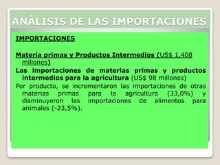 IMPORTACIONES
Materia primas y Productos Intermedios (US$ 1,408
millones)
Las importaciones de materias primas y productos
intermedios para la agricultura (US$ 98 millones)
Por producto, se incrementaron las importaciones de otras
materias primas para la agricultura (33,0%) y
disminuyeron las importaciones de alimentos para
animales (-23,5%).
ANÁLISIS DE LAS IMPORTACIONES
 
