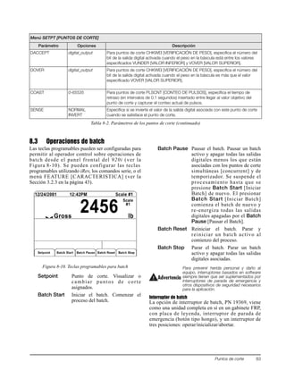 Puntos de corte 83
8.3 Operaciones de batch
Las teclas programables pueden ser configuradas para
permitir al operador control sobre operaciones de
batch desde el panel frontal del 920i (ver la
Figura 8-10). Se pueden configurar las teclas
programables utilizando iRev, los comandos serie, o el
menú FEATURE [CARACTERISTICA] (ver la
Sección 3.2.3 en la página 43).
Figura 8-10. Teclas programables para batch
Setpoint Punto de corte. Visualizar o
cambiar puntos de corte
asignados.
Batch Start Iniciar el batch. Comenzar el
proceso del batch.
Batch Pause Pausar el batch. Pausar un batch
activo y apagar todas las salidas
digitales menos los que están
asociadas con los puntos de corte
simultáneas [concurrent] y de
temporizador. Se suspende el
procesamiento hasta que se
presione Batch Start [Iniciar
Batch] de nuevo. El presionar
Batch Start [Iniciar Batch]
comienza el batch de nuevo y
re-energiza todas las salidas
digitales apagadas por el Batch
Pause [Pausar el Batch].
Batch Reset Reiniciar el batch. Parar y
reiniciar un batch activo al
comienzo del proceso.
Batch Stop Parar el batch. Parar un batch
activo y apagar todas las salidas
digitales asociadas.
Para prevenir herida personal y daño al
equipo, interruptores basados en software
siempre tienen que ser suplementados por
interruptores de parada de emergencia y
otros dispositivos de seguridad necesarios
para la aplicación.
Interruptor de batch
La opción de interruptor de batch, PN 19369, viene
como una unidad completa en sí en un gabinete FRP,
con placa de leyenda, interruptor de parada de
emergencia (botón tipo hongo), y un interruptor de
tres posiciones: operar/inicializar/abortar.
DACCEPT digital_output Para puntos de corte CHKWEI [VERIFICACIÓN DE PESO], especifica el número del
bit de la salida digital activada cuando el peso en la báscula está entre los valores
especificados VUNDER [VALOR INFERIOR] y VOVER [VALOR SUPERIOR].
DOVER digital_output Para puntos de corte CHKWEI [VERIFICACIÓN DE PESO], especifica el número del
bit de la salida digital activada cuando el peso en la báscula es más que el valor
especificado VOVER [VALOR SUPERIOR].
COAST 0-65535 Para puntos de corte PLSCNT [CONTEO DE PULSOS], especifica el tiempo de
retraso (en intervalos de 0.1 segundos) insertado entre llegar al valor objetivo del
punto de corte y capturar el conteo actual de pulsos.
SENSE NORMAL
INVERT
Especifica si se invierte el valor de la salida digital asociada con este punto de corte
cuando se satisface el punto de corte.
Menú SETPT [PUNTOS DE CORTE]
Parámetro Opciones Descripción
Tabla 8-2. Parámetros de los puntos de corte (continuado)
Advertencia
 