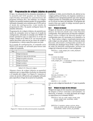 Comandos Serie 99
9.2 Programación de widgets [objetos de pantalla]
El tipo y la colocación de los elementos mostrados en
la pantalla del 920i pueden ser fácilmente
especificados utilizando las características del
programa utilitario iRev. Sin embargo, los widgets
[objetos de pantalla] también pueden ser programados
utilizando comandos serie mientras que el 920i esté en
el modo de configuración, o por medio de
programación iRite. Se puede configurar hasta 10
pantallas diferentes.
Programación de widgets [objetos de pantalla] por
medio de comandos serie se logra en el modo de
configuración, utilizando el comando serie WDGT. El
primer parámetro que se especifica es el tipo de
widget, listado en la Tabla 9-18. Las secciones que
siguen describen cada una de las clases de widget y
los parámetros y valores específicos para esa clase.
En el modo de configuración, el comando serie
WDGT.CLR puede ser utilizado para borrar todo
widget de la pantalla.
Algunas clases de widget [objetos en pantalla]
requieren que se especifique en pixeles la colocación
o el tamaño del widget. La Figura 9-1 muestra el
conteo de pixeles (80 pixeles por pulgada) utilizado
para especificar el lugar de un pixel en la pantalla.
Figura 9-1. Valores de ubicación de pixeles en pantalla
Establecer el data_source [fuente_de_datos] en los
widgets gráficos de barras, de etiquetas, numéricos y
símbólicos en 2 (programa) permite que estos tipos de
widgets puedan ser controlados por un programa iRite
en vez de por los datos del indicador. El programa del
usuario tiene que suplir el código necesario para la
manipulación del widget.
9.2.1 Widgets de báscula
Widgets de báscula se utilizan para presentar datos
básicos de báscula desde una o más básculas
configuradas. Para aplicaciones de básculas múltiples,
hasta cuatro widgets de báscula pueden ser
configuradas para ser mostradas en la pantalla a la
vez. Tener menos widgets visualizados permite que
cada widget sea más grande. Datos de báscula desde
básculas adicionales configuradas pueden ser
mostradas por desplegar hacia arriba o abajo a través
de todas las básculas configuradas, inclusive un
widget de la báscula en total, si está configurada.
WDGT#n=1, scale_widget_size, scales_displayed,
screen_number
Donde:
n=número de widget
1=tipo de widget de báscula
scale_widget_size = 1-6 (tamaño se refiere a la altura de
los numerales)
1: ¼”
2: ½”
3: ¾”
4: 7/8”
5: 1”
6: 1 5/32”
básculas_mostradas = 1-4
pantalla_número = 1-10
Ejemplo:
WDGT#1=1, 2, 1, 2<CR>
crea un solo widget de báscula de ½” para la pantalla
#2.
9.2.2 Widgets de mapas de bits (bitmaps)
Widgets de mapas de bits muestran una representación
de tanques o tolvas verticales o horizontales. La
ubicación, el tamaño, y el estilo del borde del widget
se especifican en el comando WDGT.
WDGT#n=2, left, top, width, height, border_style,
bitmap_widget_style, name/alias, visible,
screen_number
[WDGT#n=2, izquierda, cabeza, anchura, altura,
estilo_de_borde, estilo_de_bitmap_de_widget,
nombre/alias, visible, número_de_pantalla]
Tipo Descripción
1 Widget de báscula
2 Widget de mapa de bits (bitmap)
3 Widget de gráfico de barras
4 Widget de etiqueta
5 Widget numérico
6 Widget de símbolo
Tabla 9-18. Clases de widgets
0,239
0,0 319,0
319,239
4"
320 pixeles
3"
240 pixeles
159,119
 