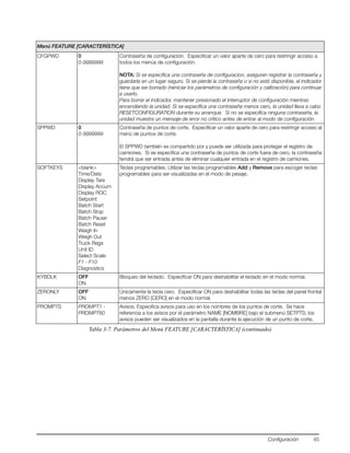 Configuración 45
CFGPWD 0
0-9999999
Contraseña de configuración. Especificar un valor aparte de cero para restringir acceso a
todos los menús de configuración.
NOTA: Si se especifica una contraseña de configuracion, aseguren registrar la contraseña y
guardarla en un lugar seguro. Si se pierde la contraseña o si no está disponible, el indicador
tiene que ser borrado (reiniciar los parámetros de configuración y calibración) para continuar
a usarlo.
Para borrar el indicador, mantener presionado el interruptor de configuración mientras
encendiendo la unidad. Si se especifica una contraseña menos cero, la unidad lleva a cabo
RESETCONFIGURATION durante su arranque. Si no se especifica ninguna contraseña, la
unidad muestra un mensaje de error no crítico antes de entrar al modo de configuración.
SPPWD 0
0-9999999
Contraseña de puntos de corte. Especificar un valor aparte de cero para restringir acceso al
menú de puntos de corte.
El SPPWD también es compartido por y puede ser utilizada para proteger el registro de
camiones. Si se especifica una contraseña de puntos de corte fuera de cero, la contraseña
tendrá que ser entrada antes de eliminar cualquier entrada en el registro de camiones.
SOFTKEYS <blank>
Time/Date
Display Tare
Display Accum
Display ROC
Setpoint
Batch Start
Batch Stop
Batch Pause
Batch Reset
Weigh In
Weigh Out
Truck Regs
Unit ID
Select Scale
F1 - F10
Diagnostics
Teclas programables. Utilizar las teclas programables Add y Remove para escoger teclas
programables para ser visualizadas en el modo de pesaje.
KYBDLK OFF
ON
Bloqueo del teclado. Especificar ON para deshabilitar el teclado en el modo normal.
ZERONLY OFF
ON
Únicamente la tecla cero. Especificar ON para deshabilitar todas las teclas del panel frontal
menos ZERO [CERO] en el modo normal.
PROMPTS PROMPT1 -
PROMPT60
Avisos. Especifica avisos para uso en los nombres de los puntos de corte. Se hace
referencia a los avisos por el parámetro NAME [NOMBRE] bajo el submenú SETPTS; los
avisos pueden ser visualizados en la pantalla durante la ejecución de un punto de corte.
Menú FEATURE [CARACTERÍSTICA]
Tabla 3-7. Parámetros del Menú FEATURE [CARACTERÍSTICA] (continuado)
 