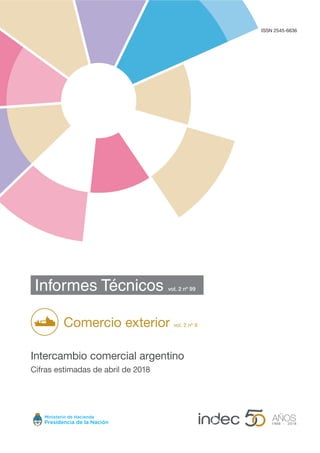 ISSN 2545-6636
Informes Técnicos vol. 2 nº 99
Comercio exterior vol. 2 nº 9
Intercambio comercial argentino
Cifras estimadas de abril de 2018
 