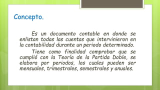 Concepto.
Es un documento contable en donde se
enlistan todas las cuentas que intervinieron en
la contabilidad durante un periodo determinado.
Tiene como finalidad comprobar que se
cumplió con la Teoría de la Partida Doble, se
elabora por periodos, los cuales pueden ser
mensuales, trimestrales, semestrales y anuales.
 