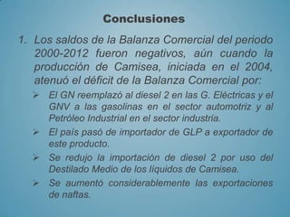 1. Los saldos de la Balanza Comercial del periodo
2000-2012 fueron negativos, aún cuando la
producción de Camisea, iniciada en el 2004,
atenuó el déficit de la Balanza Comercial por:
 El GN reemplazó al diesel 2 en las G. Eléctricas y el
GNV a las gasolinas en el sector automotriz y al
Petróleo Industrial en el sector industria.
 El país pasó de importador de GLP a exportador de
este producto.
 Se redujo la importación de diesel 2 por uso del
Destilado Medio de los líquidos de Camisea.
 Se aumentó considerablemente las exportaciones
de naftas.
Conclusiones
 