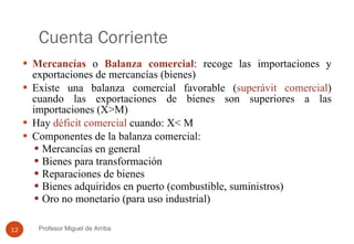 Cuenta Corriente Mercancías  o  Balanza comercial : recoge las importaciones y exportaciones de mercancías (bienes) Existe una balanza comercial favorable ( superávit comercial ) cuando las exportaciones de bienes son superiores a las importaciones (X>M) Hay  déficit comercial  cuando: X< M Componentes de la balanza comercial: Mercancías en general Bienes para transformación Reparaciones de bienes Bienes adquiridos en puerto (combustible, suministros) Oro no monetario (para uso industrial) Profesor Miguel de Arriba 