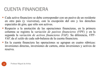 CUENTA FINANCIERA Cada activo financiero se debe corresponder con un pasivo de un residente en otro país (y viceversa), con la excepción del oro y los derechos especiales de giro, que sólo son activos. Respecto a la anotación de las operaciones financieras, en la primera columna se registra la  variación de pasivos financieros (VPF)  y en la segunda la  variación de activos financieros (VAF) . Su diferencia,  VPF-VAF,  da el  saldo  de cada sub-balanza de la cuenta financiera. En la cuenta financiera las operaciones se agrupan en cuatro rúbricas: inversiones directas, inversiones de cartera, otras inversiones y activos de reserva. Profesor Miguel de Arriba 