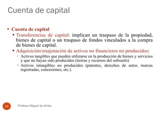 Cuenta de capital Cuenta de capital Transferencias de capital : implican un traspaso de la propiedad, bienes de capital o un traspaso de fondos vinculados a la compra de bienes de capital. Adquisición/enajenación de activos no financieros no producidos :  Activos tangibles que pueden utilizarse en la producción de bienes y servicios y que no hayan sido producidos (tierras y recursos del subsuelo) Activos intangibles no producidos (patentes, derechos de autor, marcas registradas, concesiones, etc.). Profesor Miguel de Arriba 