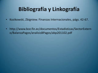 Bibliografía y Linkografía
• Kozikowski, Zbigniew. Finanzas Internacionales, págs. 42-67.

• http://www.bce.fin.ec/documentos/Estadisticas/SectorExtern
  o/BalanzaPagos/analisisBPagos/abp201102.pdf
 