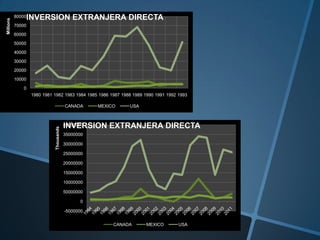 -5000000
0
50000000
10000000
15000000
20000000
25000000
30000000
35000000
40000000
Thousands
INVERSION EXTRANJERA DIRECTA
CANADA MEXICO USA
0
10000
20000
30000
40000
50000
60000
70000
80000
1980 1981 1982 1983 1984 1985 1986 1987 1988 1989 1990 1991 1992 1993
Millions
INVERSION EXTRANJERA DIRECTA
CANADA MEXICO USA
 