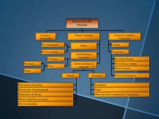 Cuenta de bienes y
servicios
Cuenta Corriente
Transferencias
Corrientes
Bienes Servicios
Renta
Errores y
Omisiones
Cuenta de Capital y
Financiera
BALANZA DE
PAGOS
Capital
Financiera
Mercancías Generales
Bienes para Transformación
Reparación de Bienes
Bienes adquiridos en puerto
Oro no monetario
Transporte
Viajes
Otros Servicios (comprende 9 conceptos)
Inversión Directa
Inversión en Cartera
Otra Inversión
Activos de Reserva
Gobierno
Otros
Remesas
Otros
De trabajadores
De la inversión
 
