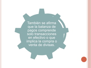 También se afirma
que la balanza de
pagos comprende
solo transacciones
en efectivo o que
implica la compra o
venta de divisas.
 