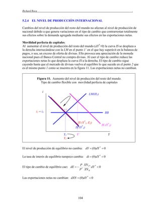 Richard Roca

5.2.4

.

EL NIVEL DE PRODUCCIÓN INTERNACIONAL

Cambios del nivel de producción del resto del mundo no afectan al nivel de producción de
nacional debido a que genera variaciones en el tipo de cambio que contrarrestan totalmente
sus efectos sobre la demanda agregada mediante sus efectos en las exportaciones netas.
Movilidad perfecta de capitales:
Al aumentar el nivel de producción del resto del mundo (dY*>0) la curva IS se desplaza a
la derecha intersecándose con la LM en el punto 1´ en el que hay superávit en la balanza de
pagos, o sea, un exceso de oferta de divisas. Ello provoca una apreciación de la moneda
nacional pues el Banco Central no compra divisas. Al caer el tipo de cambio reduce las
exportaciones netas lo que desplaza la curva IS a la derecha. El tipo de cambio sigue
cayendo hasta que el mercado de divisas vuelva al equilibro lo que sucede en el punto 2 que
es el mismo punto 1 como se muestra en la figura 11. Las exportaciones netas no cambian.
Figura 11. Aumento del nivel de producción del resto del mundo.
Tipo de cambio flexible con movilidad perfecta de capitales
i

LM(H1)
1´

i2 = i1

12

BB
IS (Y*2, E2)
IS (Y*1)
Y1
Y2

IS (Y*2)

Y´

El nivel de producción de equilibrio no cambia: dY  (0)dY *  0
La tasa de interés de equilibrio tampoco cambia: di  (0)dY *  0
El tipo de cambio de equilibrio cae: dE  

P XN Y * *
dY  0
P * XN R

Las exportaciones netas no cambian: dXN  (0)dY *  0

104

Y

 