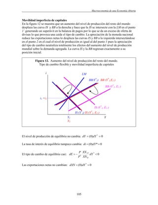 .

Macroeconomía de una Economía Abierta

Movilidad imperfecta de capitales
En la figura 12 se muestra que un aumento del nivel de producción del resto del mundo
desplaza las curva IS y BB a la derecha y hace que la IS se intersecte con la LM en el punto
1´ generando un superávit en la balanza de pagos por lo que se da un exceso de oferta de
divisas lo que provoca una caída el tipo de cambio. La apreciación de la moneda nacional
reduce las exportaciones netas lo desplaza las curvas IS y BB a la izquierda intersectándose
en el punto 2 en el cual el nivel de producción es igual al del punto 1 pues la apreciación
del tipo de cambio neutraliza totalmente los efectos del aumento del nivel de producción
mundial sobre la demanda agregada. La curva IS y la BB regresan exactamente a su
posición inicial.
Figura 12. Aumento del nivel de producción del resto del mundo.
Tipo de cambio flexible y movilidad imperfecta de capitales
i

LM
BB(Y*1) BB (Y*2,E2 )
BB (Y*2, E1 )

1´

i1 =i2

1

2

IS (Y*2, E1 )
IS (Y*1) IS (Y*2, E2 )
Y1
Y2

Y

El nivel de producción de equilibrio no cambia: dY  (0)dY *  0
La tasa de interés de equilibrio tampoco cambia: di  (0)dY *  0
El tipo de cambio de equilibrio cae: dE  

P XN Y * *
dY  0
P * XN R

Las exportaciones netas no cambian: dXN  (0)dY *  0

105

 