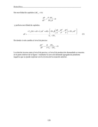 Richard Roca

.

Sin movilidad de capitales ( BF()  0 ):
P  XN Y
dP

0
d
XN R R
dY

y perfecta movilidad de capitales.


 dE dP * dP 
*
 CYd Yd  dA  I r (di *  d )   XN R R
 E  P *  P   XN Y * dY 





dY 
S Y  XN Y

(1)

De donde si solo cambia el nivel de precios:
dY d
R XN R

0
dP
P S Y  XN Y

La relación inversa entre el nivel de precios y el nivel de producción demandado se muestra
en la parte inferior de la figura 1 mediante la curva de demanda agregada de pendiente
negativa que se puede expresar con la inversa de la ecuación anterior.

120

 