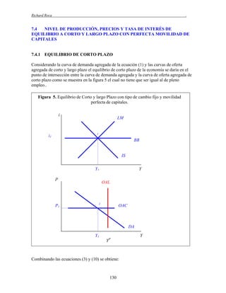 Richard Roca

.

7.4
NIVEL DE PRODUCCIÓN, PRECIOS Y TASA DE INTERÉS DE
EQUILIBRIO A CORTO Y LARGO PLAZO CON PERFECTA MOVILIDAD DE
CAPITALES

7.4.1 EQUILIBRIO DE CORTO PLAZO
Considerando la curva de demanda agregada de la ecuación (1) y las curvas de oferta
agregada de corto y largo plazo el equilibrio de corto plazo de la economía se daría en el
punto de intersección entre la curva de demanda agregada y la curva de oferta agregada de
corto plazo como se muestra en la figura 5 el cual no tiene que ser igual al de pleno
empleo..
Figura 5. Equilibrio de Corto y largo Plazo con tipo de cambio fijo y movilidad
perfecta de capitales.
i

LM

1

i1

BB

IS
Y1
P

P1

Y
OAL

1

OAC

DA
Y1

Y
YP

Combinando las ecuaciones (3) y (10) se obtiene:

130

 