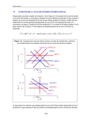Richard Roca

7.9

.

AUMENTO DE LA TASA DE INTERÉS INTERNACIONAL

Empezando con pleno empleo en el punto 1 de la figura 11 el aumento de la tasa de interés
en el resto del mundo, a corto plazo, desplaza la curva BB hacia arriba por lo que el punto 1
implica un exceso de demanda de divisas lo que obliga al Banco Central a vender divisas
reduciendo la emisión primaria desplazando la curva LM a la izquierda llevando a la
economía a un punto 2 donde el nivel de producción Y2 es menor al de pleno empleo. En la
parte inferior de la figura 11 ello implica un desplazamiento de la curva DA hacia la
izquierda:




i*  BB  $ d  $ S  BCR vende $  H  LM  DA  Y  Y  Y P

Figura 11. Aumento de la tasa de interés externa con tipo de cambio fijo y perfecta
movilidad perfecta de capitales partiendo de una situación de pleno empleo.
LM(H2,P1) LM(H3,P3)

i

LM(H1)

2´

i2=i3

2

3

BB(i*2)

1

BB(i*1)

i1
IS(P1)
Y2

IS(P3)

Y1
Y3 YP

Y

P
OAL
P1 =P2

2

1

OAC(W1)
OAC(W3)

P3

3

DA(i*1)
DA(i*2)

Y2

Y1
Y3 YP

Y

A largo plazo los salarios caen desplazando la curva OAC hacia abajo reduciendo el nivel
de precios lo que aumenta el tipo de cambio real desplazando la curva IS hacia la derecha

140

 
