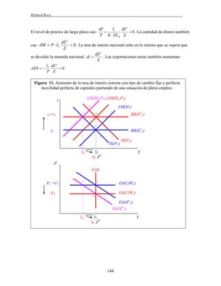 Richard Roca

.

El nivel de precios de largo plazo cae:

Ir
dP
dE e

 0 . La cantidad de dinero también
P R  XN R E

dE e
 0 . La tasa de interés nacional sube en lo mismo que se espera que
cae: dM  P  Li
E
dE e
se devalúe la moneda nacional: di 
. Las exportaciones netas también aumentan:
E
dXN  

I r dE e
 0.
P E

Figura 11. Aumento de la tasa de interés externa con tipo de cambio fijo y perfecta
movilidad perfecta de capitales partiendo de una situación de pleno empleo.
LM(H2,P1) LM(H3,P3)

i

2´

i2=i3

LM(H1)

2

BB(Ee2)

3

1

BB(Ee1)

i1
IS(P1)
Y2

IS(P3)

Y1
Y3 YP

Y

P
OAL
P1 =P2

2

1

OAC(W1)
OAC(W3)

P3

3

DA(Ee1)
DA(Ee2)
Y2

Y1
Y3 YP

Y

144

 