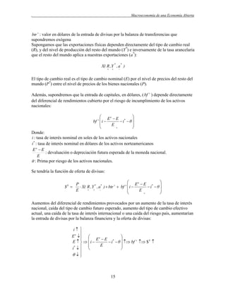 .

Macroeconomía de una Economía Abierta

btr  : valor en dólares de la entrada de divisas por la balanza de transferencias que
supondremos exógena
Supongamos que las exportaciones físicas dependen directamente del tipo de cambio real
(R), y del nivel de producción del resto del mundo (Y*) e inversamente de la tasa arancelaria
que el resto del mundo aplica a nuestras exportaciones (a*):
*

*

X( R , Y , a )






El tipo de cambio real es el tipo de cambio nominal (E) por el nivel de precios del resto del
mundo (P*) entre el nivel de precios de los bienes nacionales (P).
Además, supondremos que la entrada de capitales, en dólares, ( bf  ) depende directamente
del diferencial de rendimientos cubierto por el riesgo de incumplimiento de los activos
nacionales:
 Ee  E

bf   i 
 i*  θ 


E




Donde:
i : tasa de interés nominal en soles de los activos nacionales
i * : tasa de interés nominal en dólares de los activos norteamericanos
Ee  E
: devaluación o depreciación futura esperada de la moneda nacional.
E
 : Prima por riesgo de los activos nacionales.
Se tendría la función de oferta de divisas:
$S 

 Ee  E

P
 X( R , Y * , a* )  btr   bf   i 
 i*  θ 





E
E




Aumentos del diferencial de rendimientos provocados por un aumento de la tasa de interés
nacional, caída del tipo de cambio futuro esperado, aumento del tipo de cambio efectivo
actual, una caída de la tasa de interés internacional o una caída del riesgo país, aumentarían
la entrada de divisas por la balanza financiera y la oferta de divisas:
i 

E e  

Ee  E *


E    i 
 i  θ   bf   $ S 

E


i*   





15

 