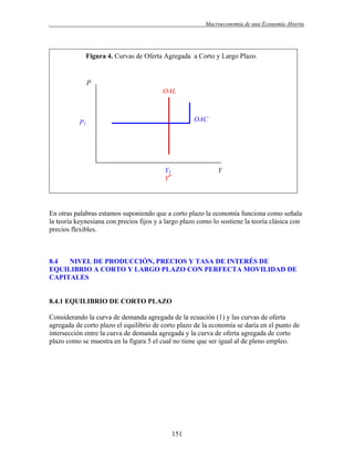 .

Macroeconomía de una Economía Abierta

Figura 4. Curvas de Oferta Agregada a Corto y Largo Plazo.

P
OAL

OAC

P1

Y1
YP

Y

En otras palabras estamos suponiendo que a corto plazo la economía funciona como señala
la teoría keynesiana con precios fijos y a largo plazo como lo sostiene la teoría clásica con
precios flexibles.

8.4
NIVEL DE PRODUCCIÓN, PRECIOS Y TASA DE INTERÉS DE
EQUILIBRIO A CORTO Y LARGO PLAZO CON PERFECTA MOVILIDAD DE
CAPITALES

8.4.1 EQUILIBRIO DE CORTO PLAZO
Considerando la curva de demanda agregada de la ecuación (1) y las curvas de oferta
agregada de corto plazo el equilibrio de corto plazo de la economía se daría en el punto de
intersección entre la curva de demanda agregada y la curva de oferta agregada de corto
plazo como se muestra en la figura 5 el cual no tiene que ser igual al de pleno empleo.

151

 