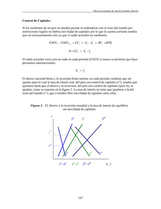.

Macroeconomía de una Economía Abierta

Control de Capitales
Si los residentes de un país no pueden prestar ni endeudarse con el resto del mundo por
restricciones legales no habría movilidad de capitales por lo que la cuenta corriente tendría
que ser necesariamente cero ya que el saldo acreedor no cambiaria:

PAEN t - PAEN t-1  CCt  X t - Z t  RFt BTRt
0  CCt  S t - I t
El saldo acreedor seria cero en cada en cada periodo (PAEN) si nunca se permitió que haya
prestamos internacionales.

St  I t
El ahorro nacional bruto y la inversión bruta interna, en cada periodo, tendrían que ser
iguales para lo cual la tasa de interés real, del país con control de capitales (rA), tendría que
ajustarse hasta que el ahorro y la inversión, del país con control de capitales (país A), se
igualen, como se muestra en la figura 2. La tasa de interés no tiene que igualarse a la del
resto del mundo (r*), que si tendría libre movilidad de capitales entre ellos.

Figura 2. El Ahorro y la inversión mundial y la tasa de interés de equilibrio
sin movilidad de capitales
r

SA

S*

SW

r*

rA
IA
IA=SA

I*
S*=I*

SW=IW

167

IW
S,I

 