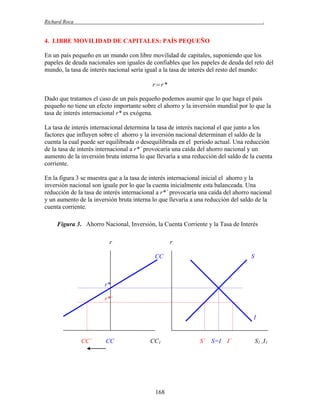 Richard Roca

.

4. LIBRE MOVILIDAD DE CAPITALES: PAÍS PEQUEÑO
En un país pequeño en un mundo con libre movilidad de capitales, suponiendo que los
papeles de deuda nacionales son iguales de confiables que los papeles de deuda del reto del
mundo, la tasa de interés nacional sería igual a la tasa de interés del resto del mundo:

r r*
Dado que tratamos el caso de un país pequeño podemos asumir que lo que haga el país
pequeño no tiene un efecto importante sobre el ahorro y la inversión mundial por lo que la
tasa de interés internacional r* es exógena.
La tasa de interés internacional determina la tasa de interés nacional el que junto a los
factores que influyen sobre el ahorro y la inversión nacional determinan el saldo de la
cuenta la cual puede ser equilibrada o desequilibrada en el periodo actual. Una reducción
de la tasa de interés internacional a r*´ provocaría una caída del ahorro nacional y un
aumento de la inversión bruta interna lo que llevaría a una reducción del saldo de la cuenta
corriente.
En la figura 3 se muestra que a la tasa de interés internacional inicial el ahorro y la
inversión nacional son iguale por lo que la cuenta inicialmente esta balanceada. Una
reducción de la tasa de interés internacional a r*´ provocaría una caída del ahorro nacional
y un aumento de la inversión bruta interna lo que llevaría a una reducción del saldo de la
cuenta corriente.
Figura 3. Ahorro Nacional, Inversión, la Cuenta Corriente y la Tasa de Interés
r

r
CC

S

r*
r*´
I

CC´

CC

CC1

168

S´ S=I

I´

S1 ,I1

 