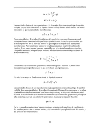 .

Macroeconomía de una Economía Abierta

E  P*
XN  X 
Q
P

XN  X  R  Q
Las cantidades físicas de las exportaciones (X) dependen directamente del tipo de cambio
real (R), ya que al incrementarse el tipo de cambio real se abarata relativamente los bienes
nacionales lo que incrementa las exportaciones:

R  X  XN 
Aumentos del nivel de producción del resto del mundo incrementan el consumo en el
extranjero lo que esta constituido por bienes producidos en el exterior pero también por
bienes importados por el resto del mundo lo que implica un mayor nivel de nuestras
exportaciones. Adicionalmente un mayor nivel de producción en el resto del mundo
requiere de un mayor uso de insumos producidos por el resto del mundo pero también
comprados a nuestro país por lo que aumenta adicionalmente nuestras exportaciones de
bienes intermedios.

 C *  X 
Y *   Z*
BI Z  X 
Incrementos de los aranceles que el resto del mundo aplica a nuestras exportaciones
encarecen nuestros productos por lo que se reducen las exportaciones.

a *  X 
Lo anterior se expresa funcionalmente de la siguiente manera:

X  X ( R,Y , a * )
*







Las cantidades físicas de las importaciones (Q) dependen inversamente del tipo de cambio
real (R), directamente del nivel de producción nacional (Y) pues al incrementarse el nivel de
producción nacional se consumen mas bienes importados y se importan más insumos del
exterior. Adicionalmente esta influida inversamente de los aranceles que nuestro país aplica
a las importaciones (a). Lo anterior lo expresamos mediante la siguiente función:

Q( R,Y , a)


 

De lo expresado se deduce que las exportaciones netas dependen del tipo de cambio real,
del nivel de producción externo e interno y de los aranceles que aplica el resto del mundo y
del aplicado por internamente:

33

 