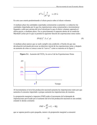 .

Macroeconomía de una Economía Abierta

 X
R  
R  Q

 XN 

En este caso estaría predominando el efecto precio sobre el efecto volumen.
A mediano plazo las cantidades exportadas comenzarían a aumentar y a reducirse las
cantidades importadas por lo que las exportaciones netas comenzarían a incrementarse
llegando a subir por encima del nivel inicial por lo que el efecto volumen superaría el
efecto precio, a mediano plazo. Ese es precisamente el supuesto detrás de la condición
Marshall Lerner por lo que se postula la siguiente función de exportaciones netas reales:
*

XN ( R, Y , Y , a * , a)








(8)



A mediano plazo parece que se suele cumplir esta condición. el hecho de que una
devaluación real puede provocar un deterioro inicial de las exportaciones netas y después
un aumento de estas se conoce como la “curva J” como se muestra en la figura 1.
Figura 3.1. Aumento del TCR y la curva J de las Exportaciones Netas

XN
XN2
XN1
XN2

R

Tiempo

Al incrementarse el nivel de producción nacional aumenta las importaciones tanto por que
aumenta el consumo importado o porque aumenta las importaciones de insumos.
La propensión marginal a importar (PMZ) mide el incremento de la demanda de
importaciones provocado por el aumento del nivel de producción nacional en una unidad,
estando lo demás constante:

PMZ 

Z
 Z Y  RQY
Y

que se supone positiva pero pequeña, menor a la propensión marginal a consumir:
35

 