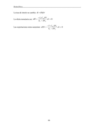 Richard Roca

.

La tasa de interés no cambia: di  (0)d
La oferta monetaria cae: dH 

 LY CYd PY
d  0
S Y  XN Y

Las exportaciones netas aumentan: dXN 

 Y  CYd XN Y
d  0
S Y  XN Y

66

 