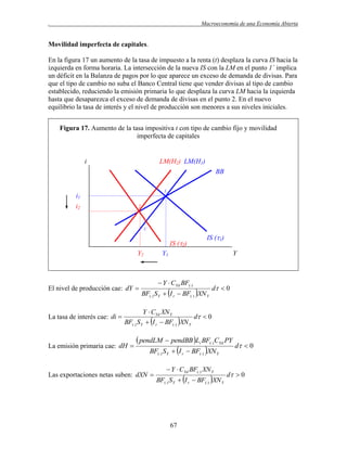 .

Macroeconomía de una Economía Abierta

Movilidad imperfecta de capitales.
En la figura 17 un aumento de la tasa de impuesto a la renta (t) desplaza la curva IS hacia la
izquierda en forma horaria. La intersección de la nueva IS con la LM en el punto 1´ implica
un déficit en la Balanza de pagos por lo que aparece un exceso de demanda de divisas. Para
que el tipo de cambio no suba el Banco Central tiene que vender divisas al tipo de cambio
establecido, reduciendo la emisión primaria lo que desplaza la curva LM hacia la izquierda
hasta que desaparezca el exceso de demanda de divisas en el punto 2. En el nuevo
equilibrio la tasa de interés y el nivel de producción son menores a sus niveles iniciales.
Figura 17. Aumento de la tasa impositiva t con tipo de cambio fijo y movilidad
imperfecta de capitales

i

LM(H2) LM(H1)
BB
1

i1
i2

2

1´

IS (2)
Y2

El nivel de producción cae: dY 

La tasa de interés cae: di 

IS (1)

Y1

Y

 Y  CYd BF()

BF() S Y  I r  BF() XN Y

d  0

Y  CYd XN Y
d  0
BF() S Y  I r  BF() XN Y

La emisión primaria cae: dH 

 pendLM  pendBB Li BF() CYd PY
BF() SY  I r  BF() XN Y

Las exportaciones netas suben: dXN 

 Y  CYd BF() XN Y

BF() S Y  I r  BF() XN Y

67

d  0

d  0

 