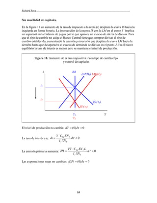 Richard Roca

.

Sin movilidad de capitales.
En la figura 18 un aumento de la tasa de impuesto a la renta (t) desplaza la curva IS hacia la
izquierda en forma horaria. La intersección de la nueva IS con la LM en el punto 1´ implica
un superávit en la Balanza de pagos por lo que aparece un exceso de oferta de divisas. Para
que el tipo de cambio no caiga el Banco Central tiene que comprar divisas al tipo de
cambio establecido, aumentando la emisión primaria lo que desplaza la curva LM hacia la
derecha hasta que desaparezca el exceso de demanda de divisas en el punto 2. En el nuevo
equilibrio la tasa de interés es menor pero se mantiene el nivel de producción.
Figura 18. Aumento de la tasa impositiva  con tipo de cambio fijo
y control de capitales
i

BB

LM(H1) LM(H2)

1

i1
1´

i2

IS (1)

2

IS (2)
Y1
Y2

Y

El nivel de producción no cambia: dY  (0)d  0
La tasa de interés cae: di 

Y  CYd XN Y
d  0
I r XN Y

La emisión primaria aumenta: dH 

PY  CYd XN Y Li
d  0
I r XN Y

Las exportaciones netas no cambian: dXN  (0)d  0

68

 