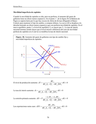 Richard Roca

.

Movilidad imperfecta de capitales:
Cuando la movilidad de capitales es alta, pero no perfecta, el aumento del gasto de
gobierno tiene un efecto menos expansivo. En el punto 1´, de la figura 20, la Balanza de
Pagos es superavitaria por lo que hay exceso de oferta de divisas obligando al Banco
Central, para mantener el tipo de cambio, a comprar dólares. La curva LM se desplaza a la
derecha teniendo un efecto menos expansivo que con perfecta movilidad de capitales. En el
nuevo equilibrio, punto 2, el nivel de equilibrio Y2 es mayor que Y1. La tasa de interés
nacional termina siendo mayor que el nivel inicial a diferencia del caso de movilidad
perfecta de capitales en el cual no se modifica la tasa de interés nacional.
Figura 20. Aumento del gasto de gobierno con tipo de cambio fijo y
movilidad imperfecta de capitales.

LM(H1)
LM(H2)

i
1´

BB
2

i2
i1
1

IS (G2)
IS (G1)
Y1

El nivel de producción aumenta: dY 

La tasa de interés aumenta: di 

Y2

BF()

BF() S Y  I r  BF() XN Y

Y

dG  0

 XN Y
dG  0
BF() S Y  I r  BF() XN Y

La emisión primaria aumenta: dH  P

Las exportaciones netas caen: dXN 

 Li XN Y  LY BF()

BF() S Y  I r  BF() XN Y
BF() XN Y

BF() S Y  I r  BF() XN Y

70

dG  0

dG  0

 