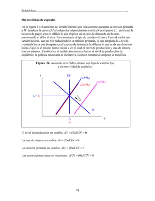 Richard Roca

.

Sin movilidad de capitales
En la figura 24 el aumento del crédito interno que inicialmente aumenta la emisión primaria
a H´ desplaza la curva LM a la derecha intersecándose con la IS en el punto 1´, en el cual la
balanza de pagos esta en déficit lo que implica un exceso de demanda de dólares
presionando el dólar al alza. Para mantener el tipo de cambio el Banco Central tendrá que
vender dólares, cae las Rin reduciéndose la emisión primaria, lo que desplaza la LM a la
izquierda hasta que desaparezca el exceso de demanda de dólares lo que se da en el mismo
punto 2 que es el mismo punto inicial 1 en el cual el nivel de producción y tasa de interés
son los mismos. Cambios en el crédito interno no afectan al nivel de producción de
equilibrio: la política monetaria es inefectiva. La base monetaria tampoco se modifica.
Figura 24. Aumento del crédito interno con tipo de cambio fijo
y sin movilidad de capitales.
i

BB

LM(H1)
LM(H´)

LM(H2)
1 2

i1= i2

1´

IS

Y1
Y2

Y

El nivel de producción no cambia: dY  (0)dCIN  0
La tasa de interés no cambia: di  (0)dCIN  0
La emisión primaria no cambia: dH  (0)dCIN  0
Las exportaciones netas se mantienen: dXN  (0)dCIN  0

74

 