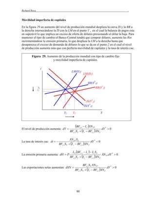 Richard Roca

.

Movilidad imperfecta de capitales
En la figura 29 un aumento del nivel de producción mundial desplaza la curva IS y la BB a
la derecha intersecándose la IS con la LM en el punto 1´, en el cual la balanza de pagos esta
en superávit lo que implica un exceso de oferta de dólares presionando el dólar la baja. Para
mantener el tipo de cambio el Banco Central tendrá que comprar dólares, aumenta las Rin
incrementándose la emisión primaria, lo que desplaza la LM a la derecha hasta que
desaparezca el exceso de demanda de dólares lo que se da en el punto 2 en el cual el nivel
de producción aumenta más que con perfecta movilidad de capitales y la tasa de interés cae.
Figura 29. Aumento de la producción mundial con tipo de cambio fijo
y movilidad imperfecta de capitales.
i
LM(H1)

BB(Y*1)
BB(Y*2)

1´

i1
i2

LM(H2)

1
2

IS(Y*2)
IS(Y*1)
Y1

El nivel de producción aumenta: dY 

La tasa de interés cae: di  

Y2

Y

BF

( )

 I r XN Y *

BF() S Y  I r  BF() XN Y

dY *  0

XN Y * S Y
dY *  0
BF() S Y  I r  BF() XN Y

La emisión primaria aumenta: dH  P

LY BF()  I r   Li S Y

BF() S Y  I r  BF() XN Y

Las exportaciones netas aumentan: dXN 

BF() S Y XN Y *

XN Y * dY *  0

BF() S Y  I r  BF() XN Y

80

dY *  0

 