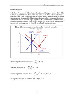.

Macroeconomía de una Economía Abierta

Control de capitales
En la figura 30 un aumento del nivel de producción mundial desplaza la curva IS y la BB a
la derecha intersectándose la IS con la LM en el punto 1´, en el cual la balanza de pagos
esta en superávit lo que implica un exceso de oferta de dólares presionando el dólar la baja.
Para mantener el tipo de cambio el Banco Central compra dólares, aumentando las Rin, se
incrementa la emisión primaria, lo que desplaza la LM a la derecha hasta que desaparezca el
exceso de demanda de dólares lo que se da en el punto 2 en el cual el nivel de producción
aumenta más que con perfecta movilidad de capitales y la tasa de interés cae.
Figura 30. Aumento de la producción mundial con tipo de cambio fijo
y control de capitales.
i

BB(Y*1)

BB(Y*2)
LM(H1)

LM(H2)

1´

i1

1

2

i2

IS(Y*2)
IS(Y*1)
Y1

Y2

El nivel de producción aumenta: dY 

La tasa de interés cae: di  

Y

 XN Y *
dY *  0
XN Y

XN Y * S Y
dY *  0
I r XN Y

La emisión primaria aumenta: dH 

 LY I r  Li S Y
P  XN Y * dY *  0
I r XN Y

Las exportaciones netas no cambian: dXN  (0)dY *  0

81

 