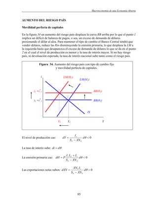 .

Macroeconomía de una Economía Abierta

AUMENTO DEL RIESGO PAÍS
Movilidad perfecta de capitales
En la figura 34 un aumento del riesgo país desplaza la curva BB arriba por lo que el punto 1
implica un déficit de balanza de pagos, o sea, un exceso de demanda de dólares
presionando el dólar al alza. Para mantener el tipo de cambio el Banco Central tendrá que
vender dólares, reduce las Rin disminuyendo la emisión primaria, lo que desplaza la LM a
la izquierda hasta que desaparezca el exceso de demanda de dólares lo que se da en el punto
2 en el cual el nivel de producción es menor y la tasa de interés mayor. Si no hay riesgo
país, ni devaluación esperada, la tasa de interés nacional sube tanto como el riesgo país.
Figura 34. Aumento del riesgo país con tipo de cambio fijo
y movilidad perfecta de capitales.
i

i2 =i*2

LM(H2)

LM(H1)

2

BB(θ2)
1

i1 =i*1

BB(θ1)

IS
Y2

El nivel de producción cae:

Y1

dY 

Y

Ir
d  0
S Y  XN Y

La tasa de interés sube: di  d
La emisión primaria cae: dH  P

I r LY  Li
d  0
S Y  XN Y

Las exportaciones netas suben: dXN 

XN Y I r
d  0
SY  XN Y

85

 