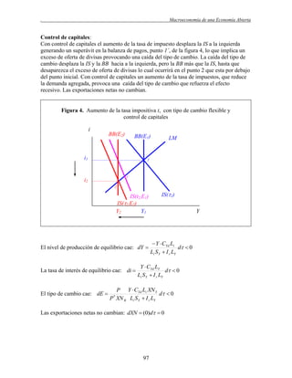 .

Macroeconomía de una Economía Abierta

Control de capitales:
Con control de capitales el aumento de la tasa de impuesto desplaza la IS a la izquierda
generando un superávit en la balanza de pagos, punto 1´, de la figura 4, lo que implica un
exceso de oferta de divisas provocando una caída del tipo de cambio. La caída del tipo de
cambio desplaza la IS y la BB hacia a la izquierda, pero la BB más que la IS, hasta que
desaparezca el exceso de oferta de divisas lo cual ocurrirá en el punto 2 que esta por debajo
del punto inicial. Con control de capitales un aumento de la tasa de impuestos, que reduce
la demanda agregada, provoca una caída del tipo de cambio que refuerza el efecto
recesivo. Las exportaciones netas no cambian.

Figura 4. Aumento de la tasa impositiva t, con tipo de cambio flexible y
control de capitales
i

BB(E2)

BB(E1)

i1

LM

1

1´

i2
2

IS(t2,E1)
IS(2,E2)
Y2
Y1

El nivel de producción de equilibrio cae: dY 

La tasa de interés de equilibrio cae: di 

El tipo de cambio cae: dE 

IS(1)
Y

 Y  CYd Li
d  0
Li S Y  I r LY

Y  CYd LY
d  0
Li S Y  I r LY

P Y  CYd Li XN Y
d  0
P XN R Li S Y  I r LY
*

Las exportaciones netas no cambian: dXN  (0)d  0

97

 