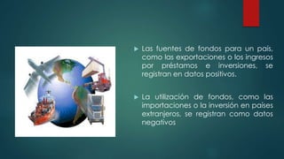  Las fuentes de fondos para un país,
como las exportaciones o los ingresos
por préstamos e inversiones, se
registran en datos positivos.
 La utilización de fondos, como las
importaciones o la inversión en países
extranjeros, se registran como datos
negativos
 