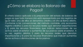¿Cómo se elabora la Balanza de
Pagos?
El criterio básico aplicado a la preparación del estado de balanza de
pagos es que toda transacción está representada por dos registros de
igual valor. Uno de ellos se denomina crédito y el otro se llama débito.
Conforme a las convenciones del método contable, una economía
registra créditos i) para los recursos reales que denotan exportaciones
y ii) para los recursos financieros que indican reducciones de sus
activos sobre el exterior o aumentos de sus pasivos sobre el exterior. A
su vez, registra débitos i) para los recursos reales que denotan
importaciones y ii) para los recursos financieros que indican aumentos
de los activos o disminuciones de los pasivos.
 