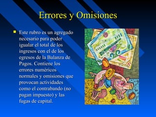 Errores y Omisiones


Este rubro es un agregado
necesario para poder
igualar el total de los
ingresos con el de los
egresos de la Balanza de
Pagos. Contiene los
errores numéricos
normales y omisiones que
provocan actividades
como el contrabando (no
pagan impuesto) y las
fugas de capital.

 