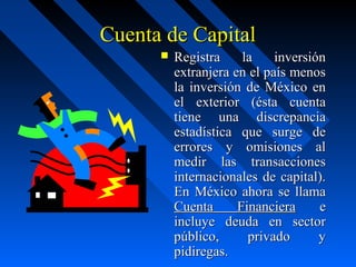 Cuenta de Capital


Registra
la
inversión
extranjera en el país menos
la inversión de México en
el exterior (ésta cuenta
tiene una discrepancia
estadística que surge de
errores y omisiones al
medir las transacciones
internacionales de capital).
En México ahora se llama
Cuenta
Financiera
e
incluye deuda en sector
público,
privado
y
pidiregas.

 