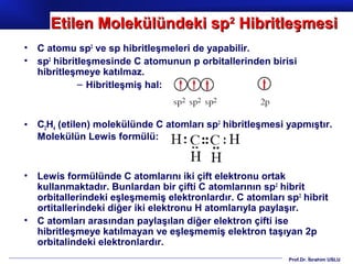 Etilen Molekülündeki sp2 Hibritleşmesi
•   C atomu sp2 ve sp hibritleşmeleri de yapabilir.
•   sp2 hibritleşmesinde C atomunun p orbitallerinden birisi
    hibritleşmeye katılmaz.
              – Hibritleşmiş hal:



•   C2H4 (etilen) molekülünde C atomları sp2 hibritleşmesi yapmıştır.
    Molekülün Lewis formülü:



•   Lewis formülünde C atomlarını iki çift elektronu ortak
    kullanmaktadır. Bunlardan bir çifti C atomlarının sp2 hibrit
    orbitallerindeki eşleşmemiş elektronlardır. C atomları sp 2 hibrit
    ortitallerindeki diğer iki elektronu H atomlarıyla paylaşır.
•   C atomları arasından paylaşılan diğer elektron çifti ise
    hibritleşmeye katılmayan ve eşleşmemiş elektron taşıyan 2p
    orbitalindeki elektronlardır.
                                                             Prof.Dr. İbrahim USLU
 
